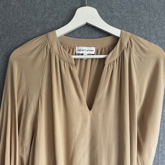 Gibson & Latimer | Peasant Split V-Neck Blouson Sleeve Tiered Hem Dress L Taupe - Picture 5 of 8